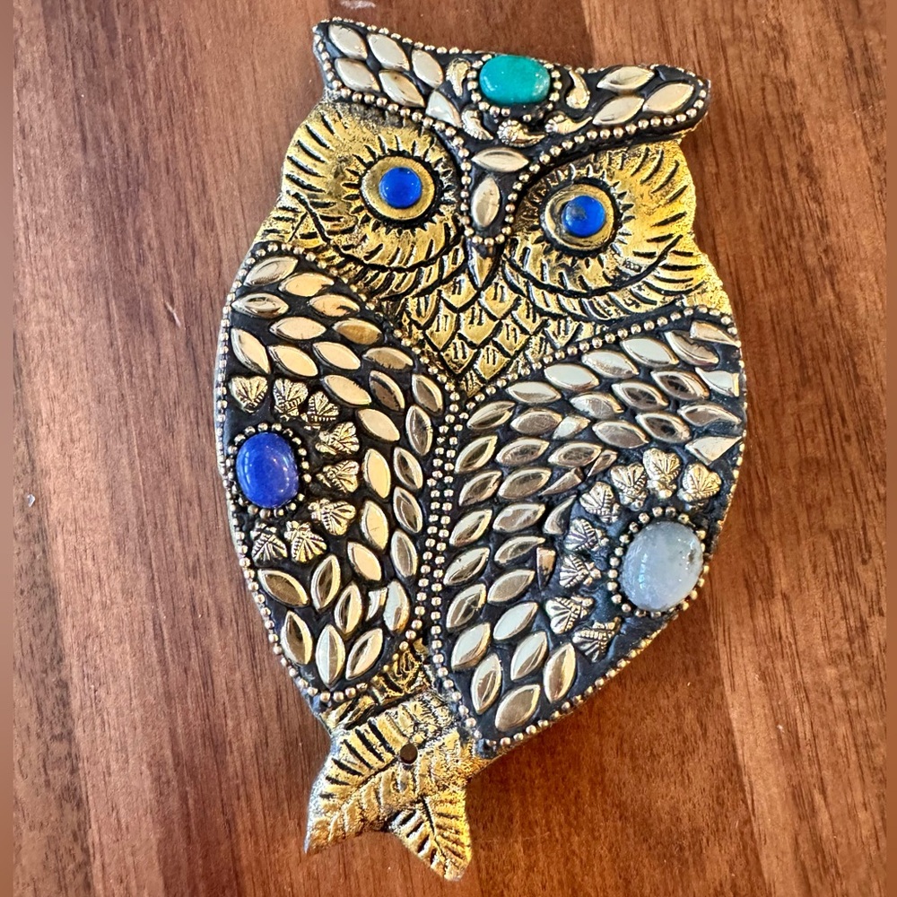 Artisan Nepal Brass Owl Incense Holder- Blue